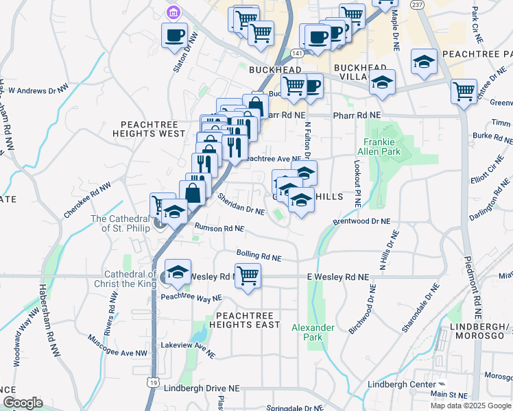 map of restaurants, bars, coffee shops, grocery stores, and more near 100 Sheridan Drive Northeast in Atlanta