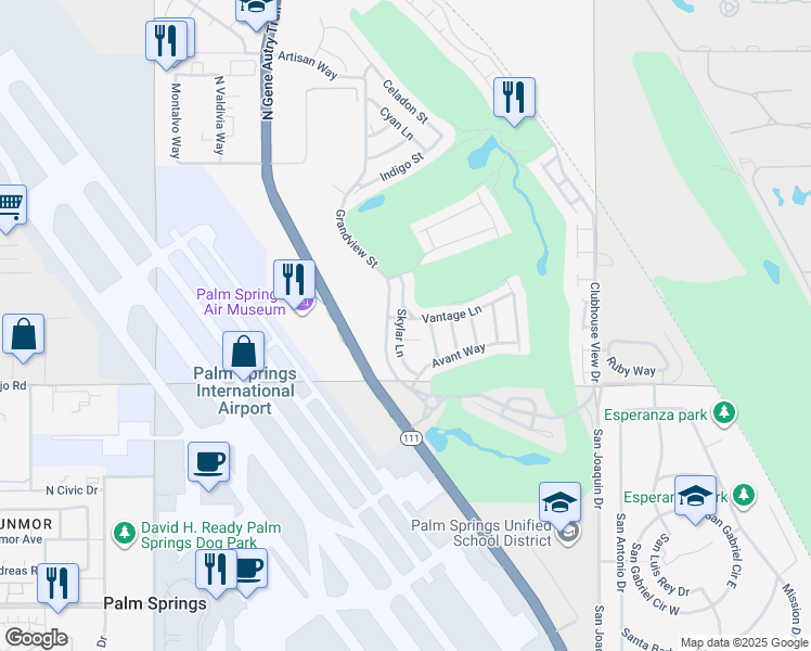 map of restaurants, bars, coffee shops, grocery stores, and more near 4304 Vantage Lane in Palm Springs
