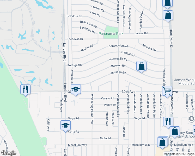 map of restaurants, bars, coffee shops, grocery stores, and more near 68290 Durango Road in Cathedral City