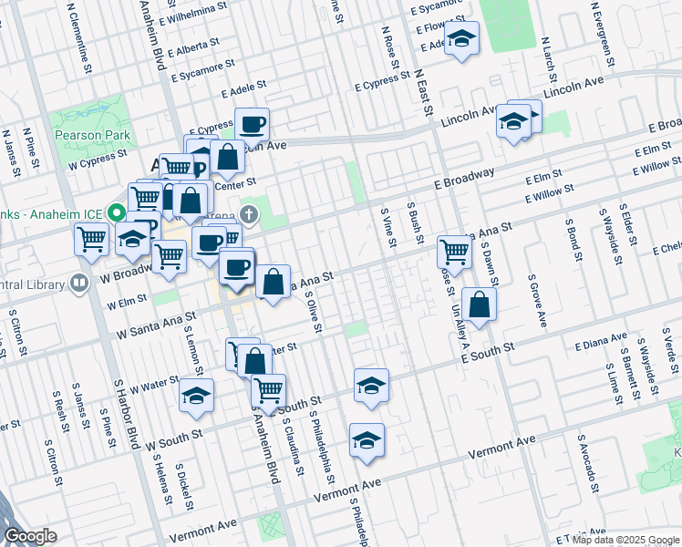 map of restaurants, bars, coffee shops, grocery stores, and more near 555 East Santa Ana Street in Anaheim