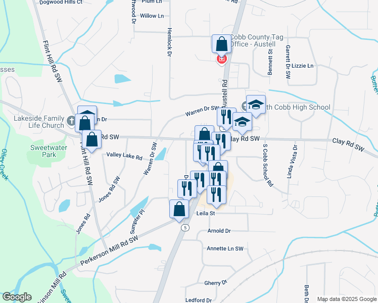 map of restaurants, bars, coffee shops, grocery stores, and more near 4985 Doby Lane in Austell