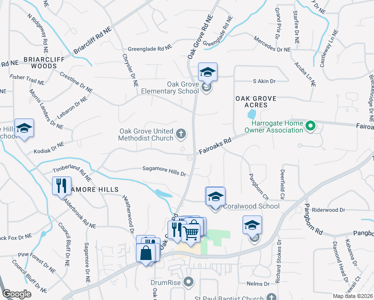 map of restaurants, bars, coffee shops, grocery stores, and more near 1722 Oak Grove Road in Decatur