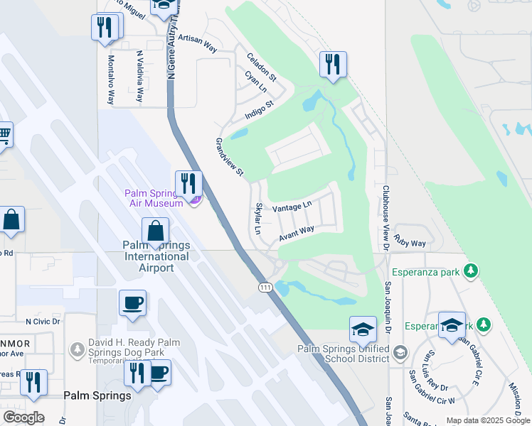 map of restaurants, bars, coffee shops, grocery stores, and more near 4314 Vantage Lane in Palm Springs