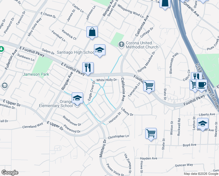 map of restaurants, bars, coffee shops, grocery stores, and more near 1488 Cherrywood Circle in Corona