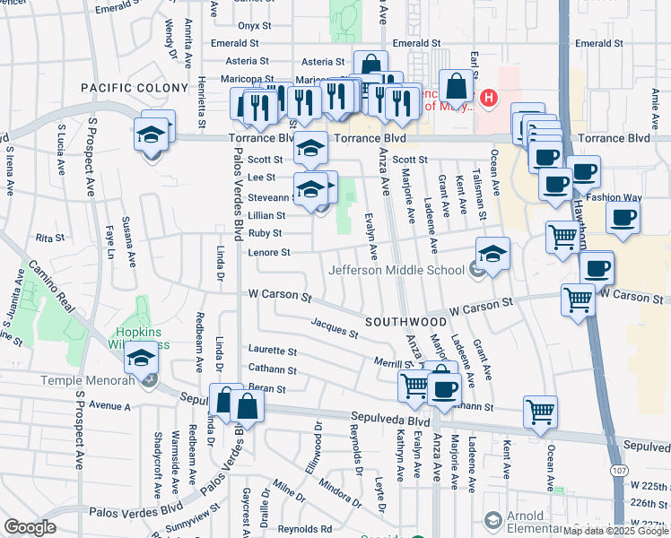 map of restaurants, bars, coffee shops, grocery stores, and more near 21514 Ellinwood Drive in Torrance