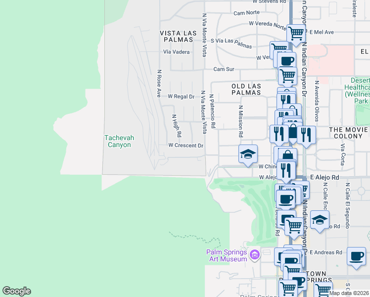 map of restaurants, bars, coffee shops, grocery stores, and more near 755 West Crescent Drive in Palm Springs