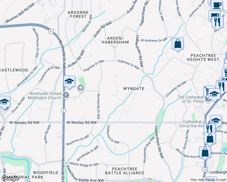 map of restaurants, bars, coffee shops, grocery stores, and more near 2854 Wyngate Drive Northwest in Atlanta