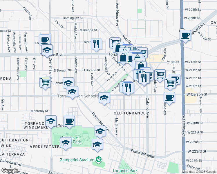 map of restaurants, bars, coffee shops, grocery stores, and more near 1531 El Prado Avenue in Torrance