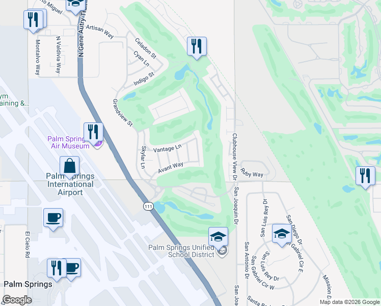 map of restaurants, bars, coffee shops, grocery stores, and more near 697 Dominion Way in Palm Springs