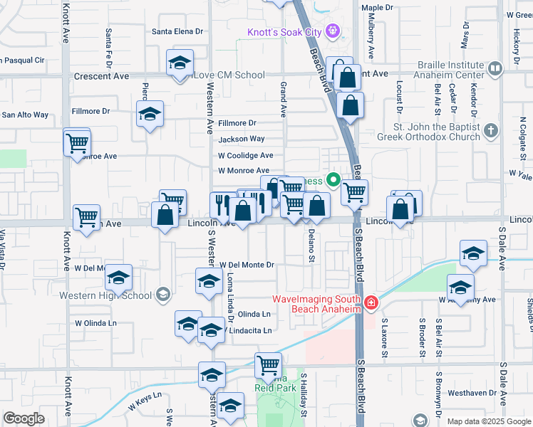 map of restaurants, bars, coffee shops, grocery stores, and more near 3119 West Lincoln Avenue in Anaheim