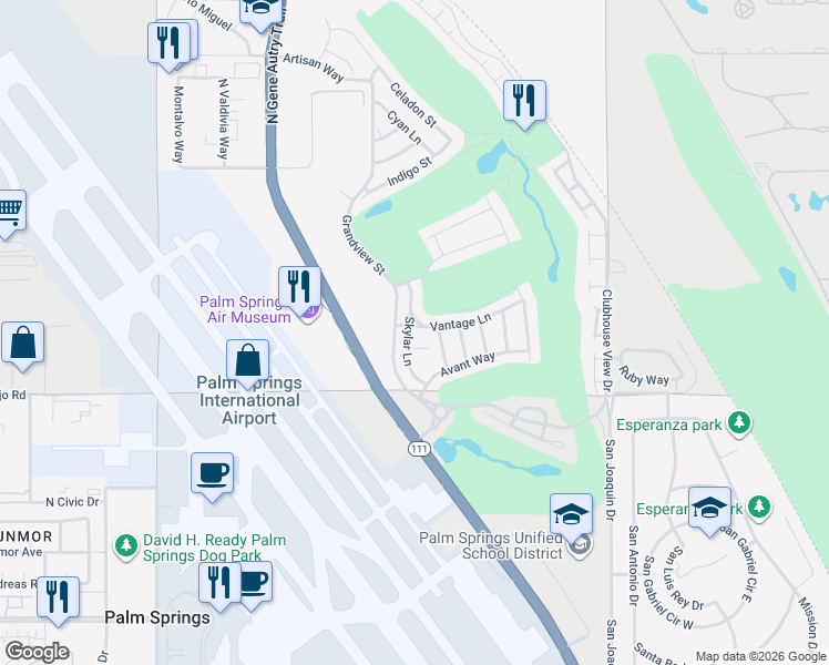 map of restaurants, bars, coffee shops, grocery stores, and more near 4304 Vantage Lane in Palm Springs
