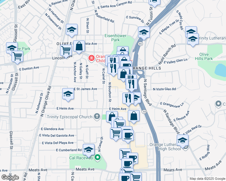 map of restaurants, bars, coffee shops, grocery stores, and more near 2627 North Bourbon Street in Orange