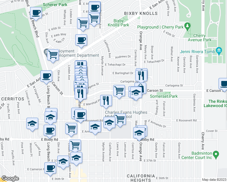 map of restaurants, bars, coffee shops, grocery stores, and more near 1006 East Carson Street in Long Beach