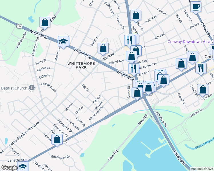 map of restaurants, bars, coffee shops, grocery stores, and more near 434 Thompson Street in Conway