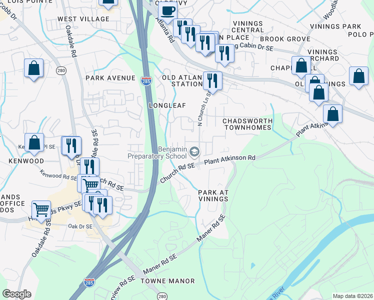 map of restaurants, bars, coffee shops, grocery stores, and more near 5057 Ridgemont Walk in Smyrna