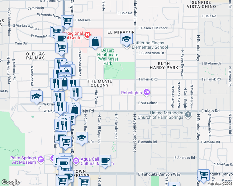 map of restaurants, bars, coffee shops, grocery stores, and more near 611 North Phillips Road in Palm Springs