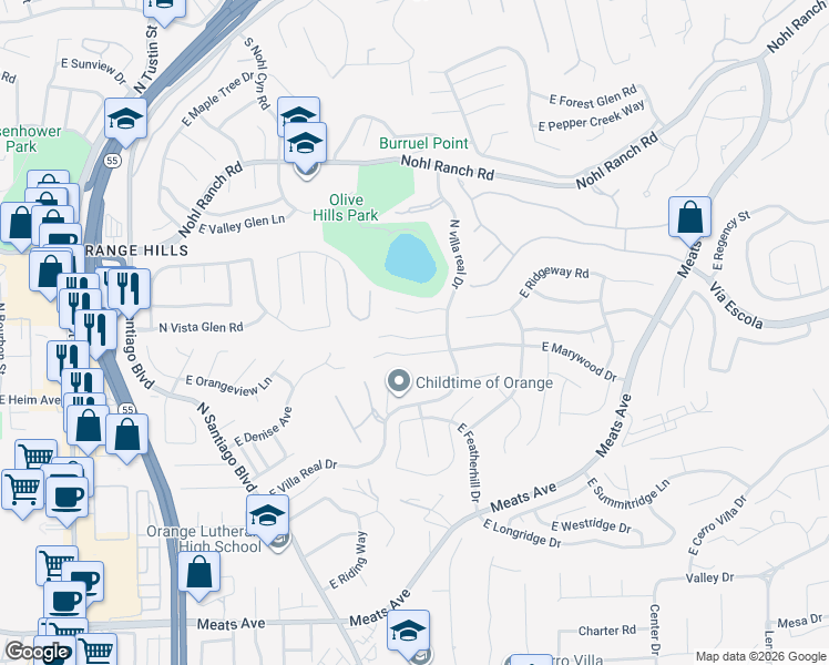 map of restaurants, bars, coffee shops, grocery stores, and more near 2839 East Echo Hill Way in Orange