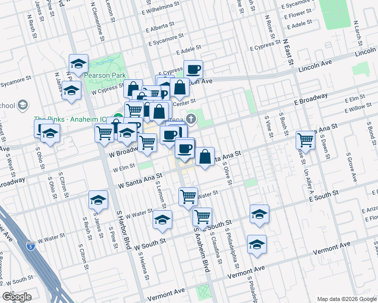 map of restaurants, bars, coffee shops, grocery stores, and more near 401 South Claudina Street in Anaheim