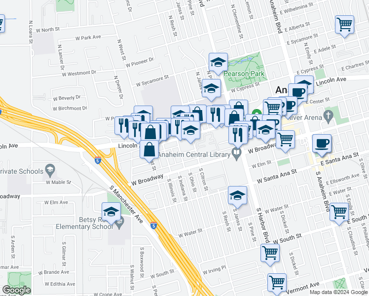 map of restaurants, bars, coffee shops, grocery stores, and more near 122 South Ohio Street in Anaheim