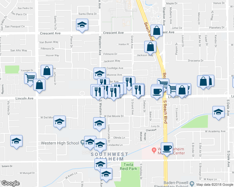 map of restaurants, bars, coffee shops, grocery stores, and more near 3159 West Lincoln Avenue in Anaheim