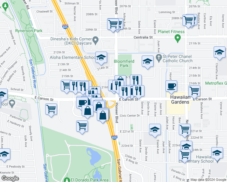 map of restaurants, bars, coffee shops, grocery stores, and more near 11740 216th Street in Lakewood