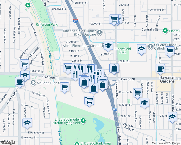 map of restaurants, bars, coffee shops, grocery stores, and more near 11606 216th Street in Lakewood