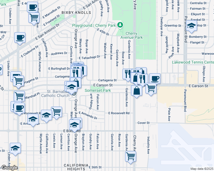 map of restaurants, bars, coffee shops, grocery stores, and more near 1620 East Carson Street in Long Beach