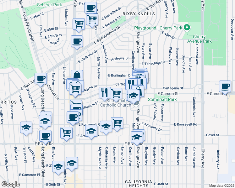 map of restaurants, bars, coffee shops, grocery stores, and more near 1061 East Carson Street in Long Beach
