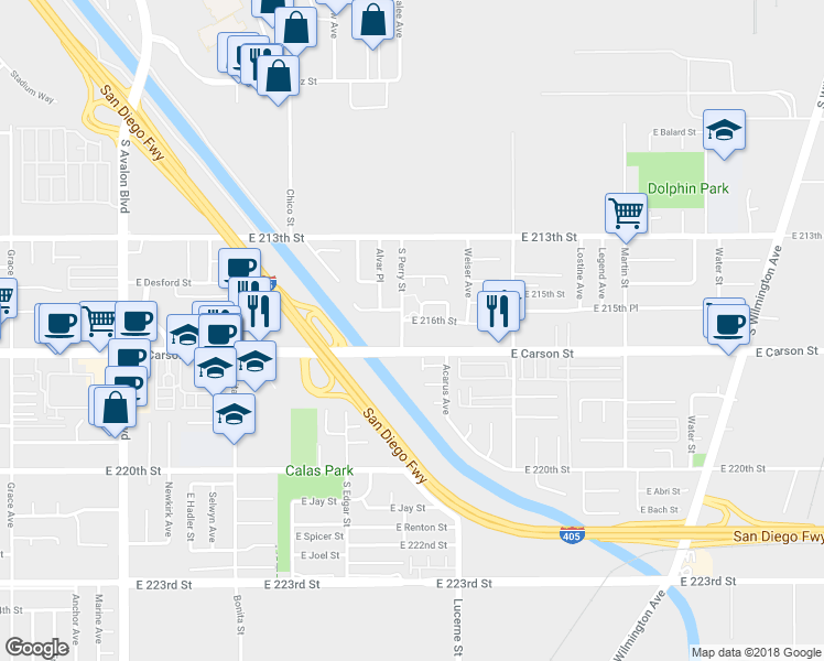 map of restaurants, bars, coffee shops, grocery stores, and more near 21610 South Perry Street in Carson