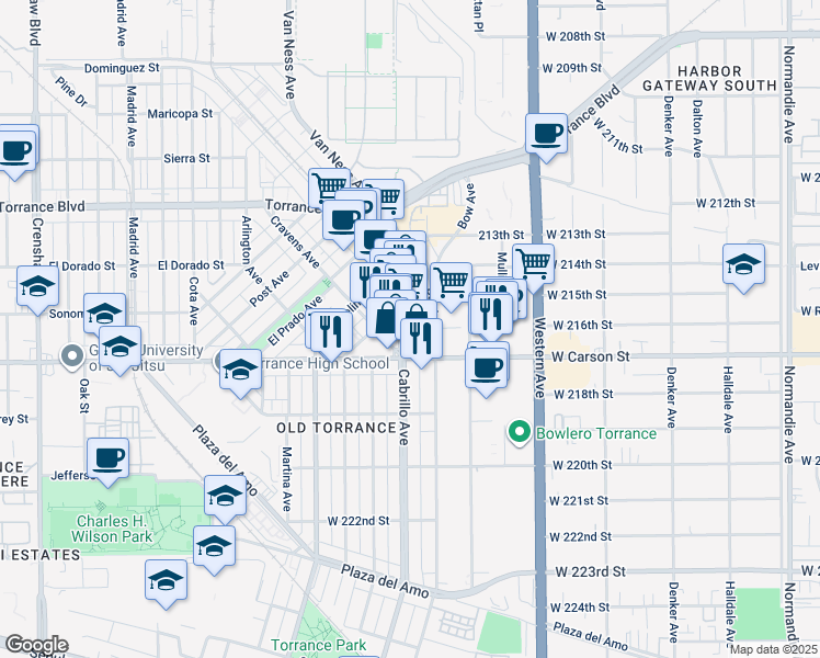 map of restaurants, bars, coffee shops, grocery stores, and more near 1616 Cabrillo Avenue in Torrance