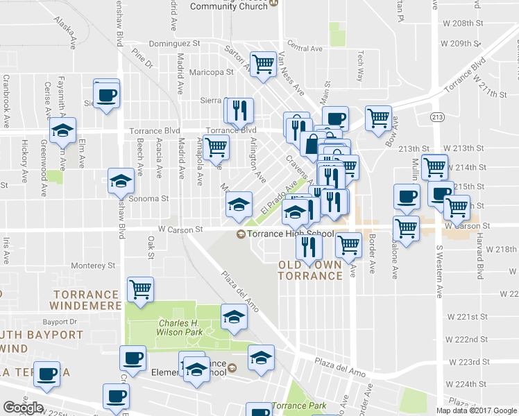 map of restaurants, bars, coffee shops, grocery stores, and more near 1531 El Prado Avenue in Torrance
