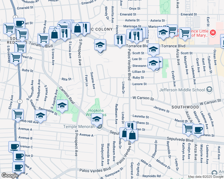 map of restaurants, bars, coffee shops, grocery stores, and more near 5614 Ruby Place in Torrance