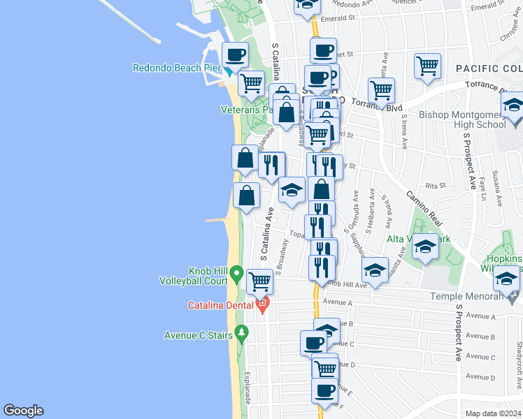 map of restaurants, bars, coffee shops, grocery stores, and more near 616 Esplanade in Redondo Beach