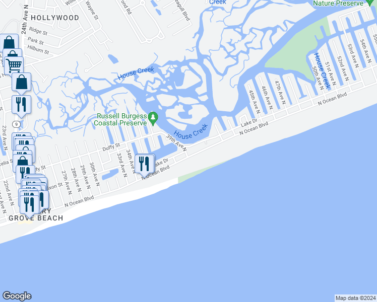 map of restaurants, bars, coffee shops, grocery stores, and more near 304 39th Avenue North in North Myrtle Beach