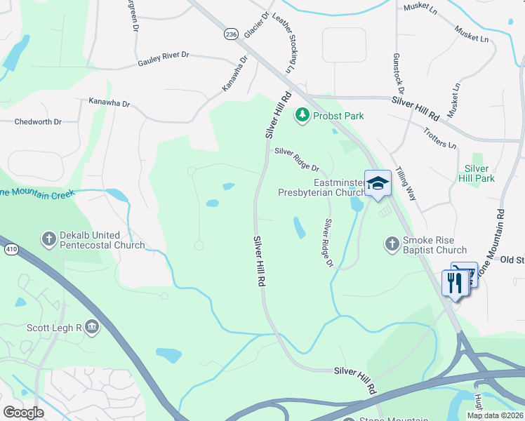 map of restaurants, bars, coffee shops, grocery stores, and more near 5446 Lichenhearth Court in Stone Mountain