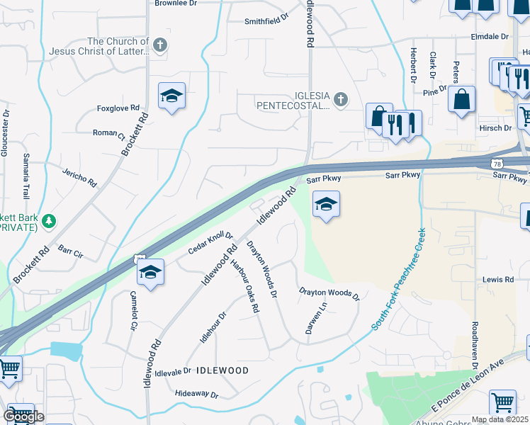map of restaurants, bars, coffee shops, grocery stores, and more near 1701 Wiscasset Place in Tucker