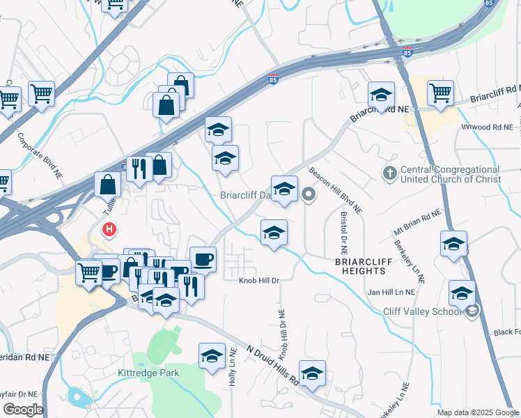 map of restaurants, bars, coffee shops, grocery stores, and more near 2785 Briarcliff Road Northeast in Atlanta