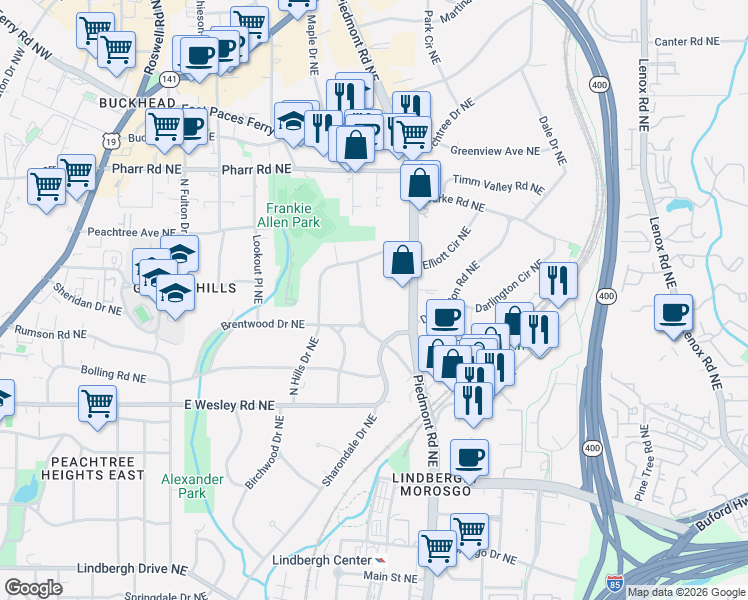 map of restaurants, bars, coffee shops, grocery stores, and more near 2852 Piedmont Road Northeast in Atlanta