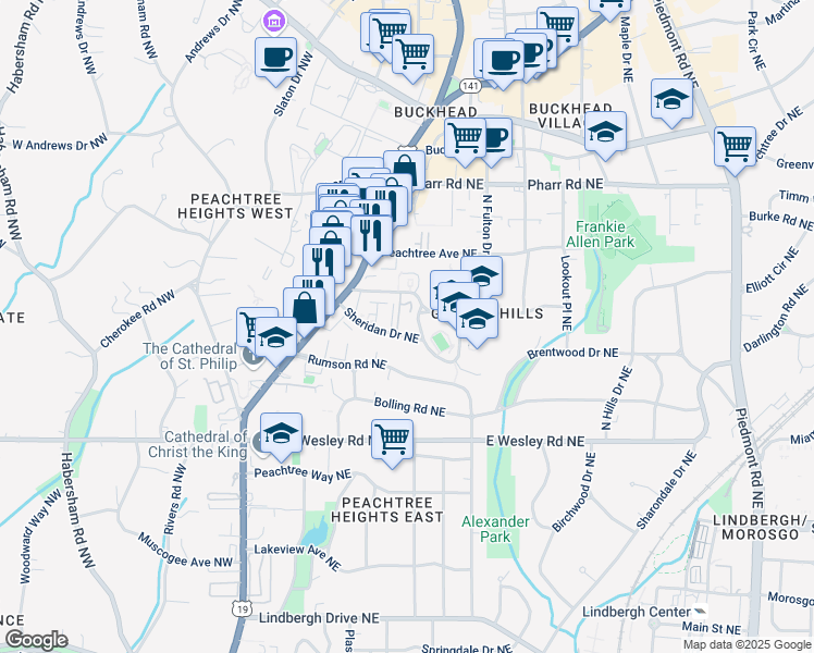 map of restaurants, bars, coffee shops, grocery stores, and more near 98 Ottley Drive Northeast in Atlanta