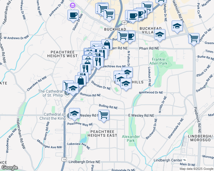 map of restaurants, bars, coffee shops, grocery stores, and more near 102 Ottley Drive Northeast in Atlanta