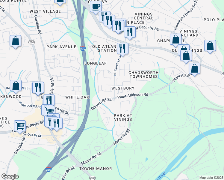 map of restaurants, bars, coffee shops, grocery stores, and more near 5108 Kempsford Court in Smyrna