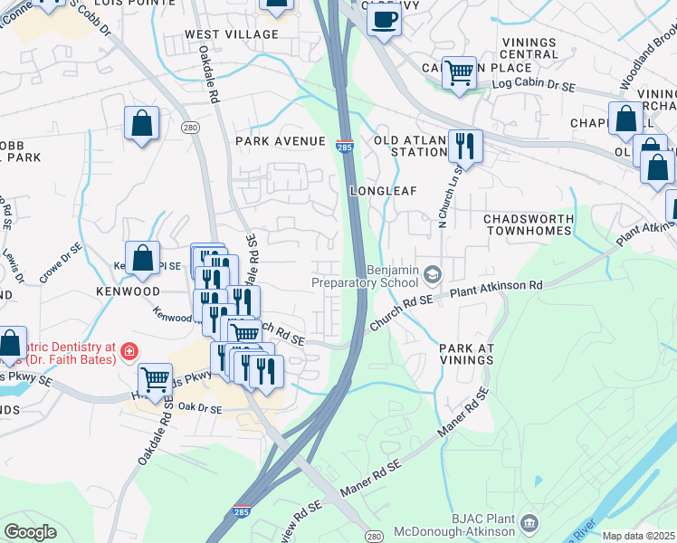 map of restaurants, bars, coffee shops, grocery stores, and more near 2396 Whiteoak Bend in Smyrna