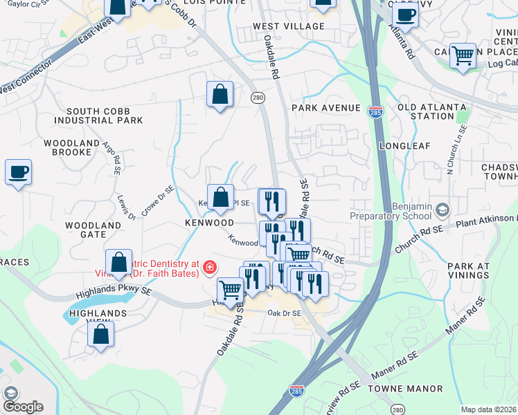 map of restaurants, bars, coffee shops, grocery stores, and more near 2090 Kenwood Place Southeast in Smyrna
