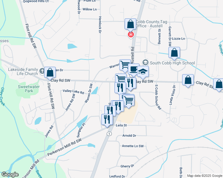 map of restaurants, bars, coffee shops, grocery stores, and more near 4985 Doby Lane in Austell