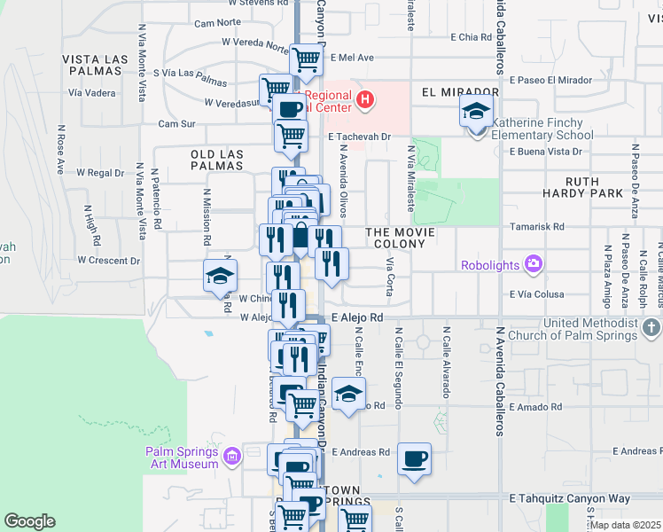 map of restaurants, bars, coffee shops, grocery stores, and more near 640 North Indian Canyon Drive in Palm Springs