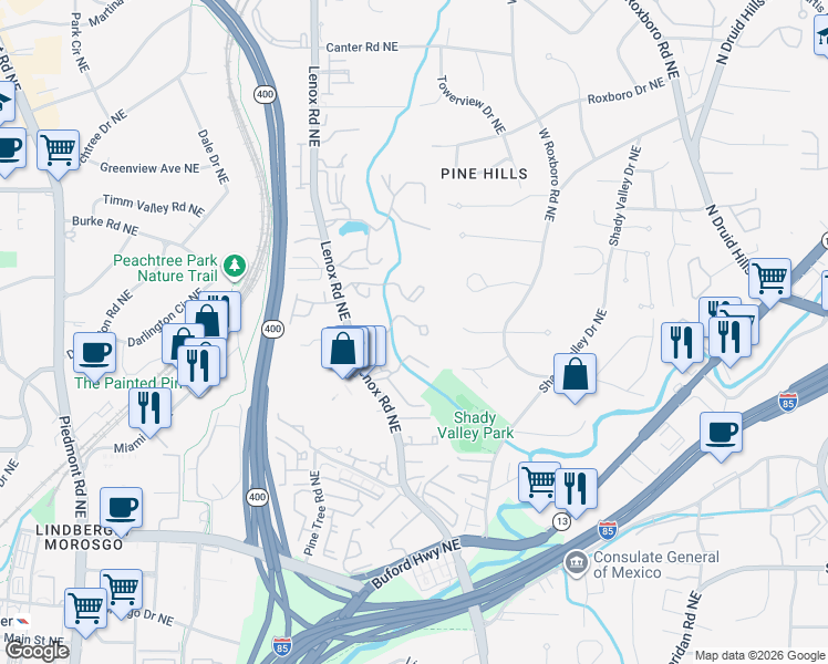 map of restaurants, bars, coffee shops, grocery stores, and more near 4 Vale Close Northeast in Atlanta