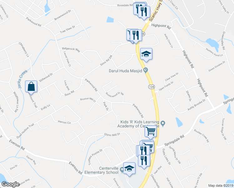 map of restaurants, bars, coffee shops, grocery stores, and more near 2950 Rusticwood Drive Southwest in Snellville