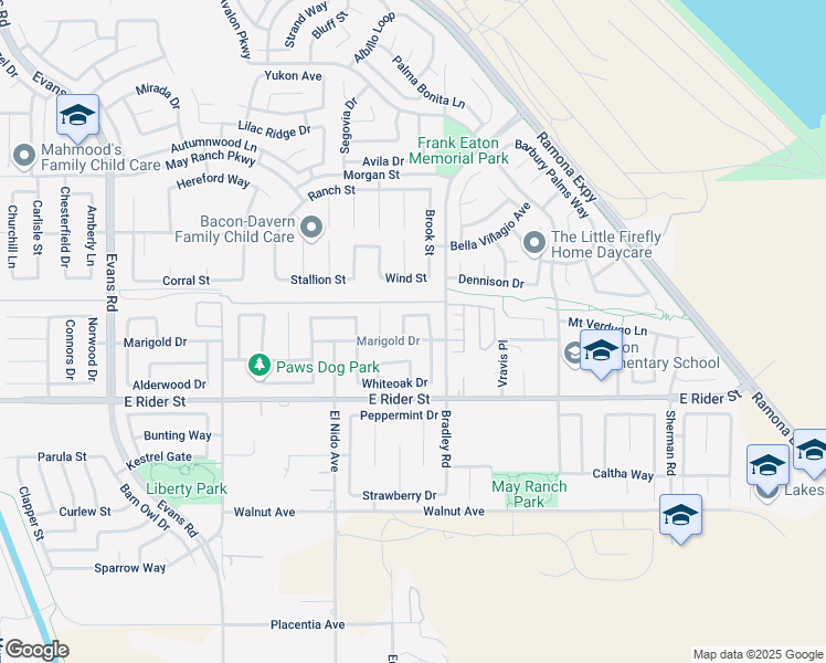 map of restaurants, bars, coffee shops, grocery stores, and more near 1554 Marigold Drive in Perris