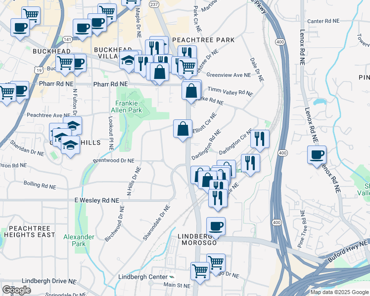 map of restaurants, bars, coffee shops, grocery stores, and more near 2852 Piedmont Road Northeast in Atlanta