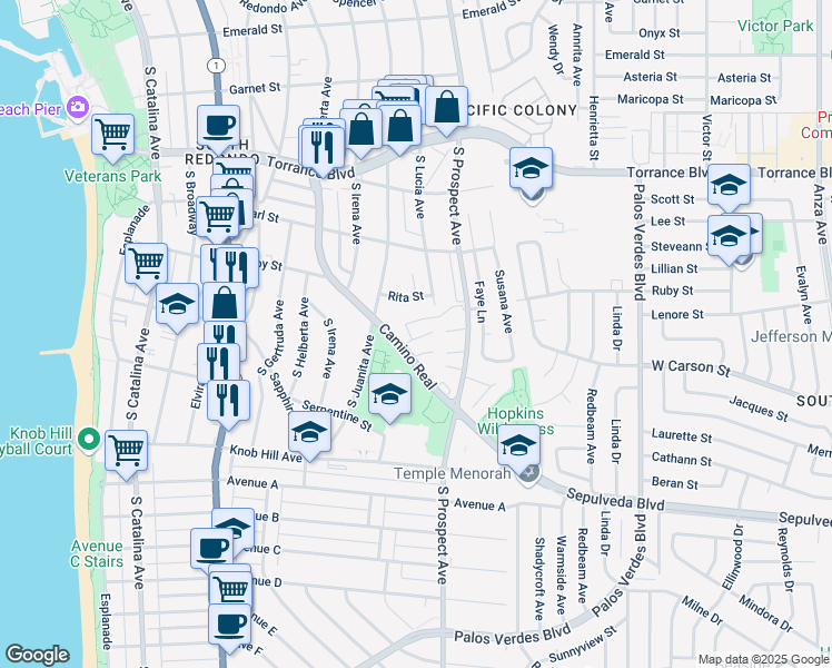 map of restaurants, bars, coffee shops, grocery stores, and more near 810 Camino Real in Redondo Beach